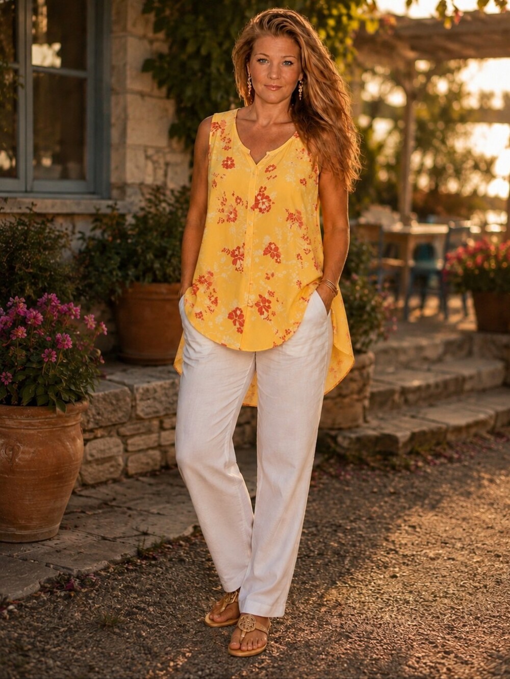 Woman Within Yellow Floral Sleeveless Tunic